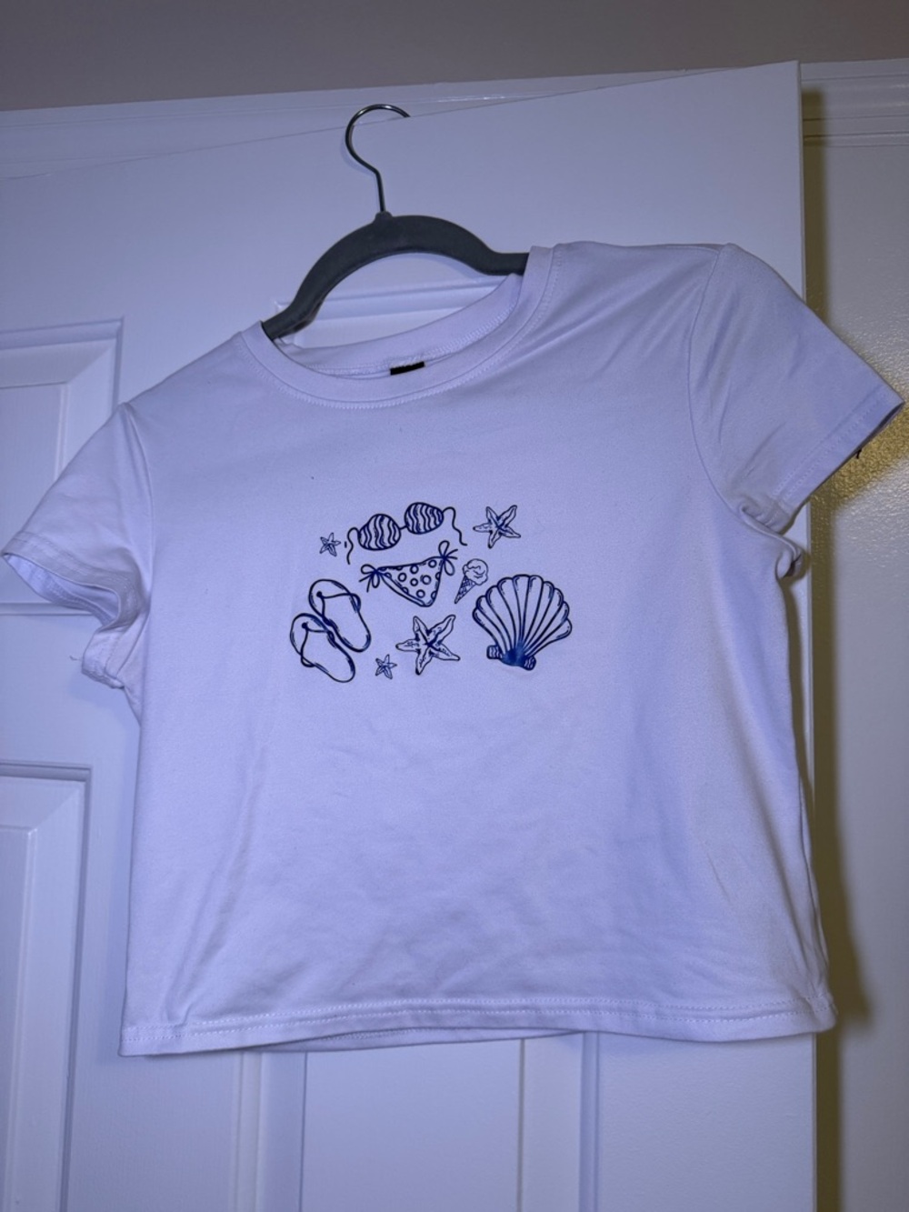 SHEIN White Tee with Navy Beach Graphics